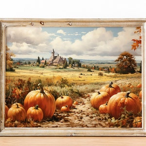 Printable Wall Art Pumpkin Patch, Vintage Pumpkin Painting, Autumn Country Landscape, Fall Wall Art Print, Cottagecore Print, Autumn Decor