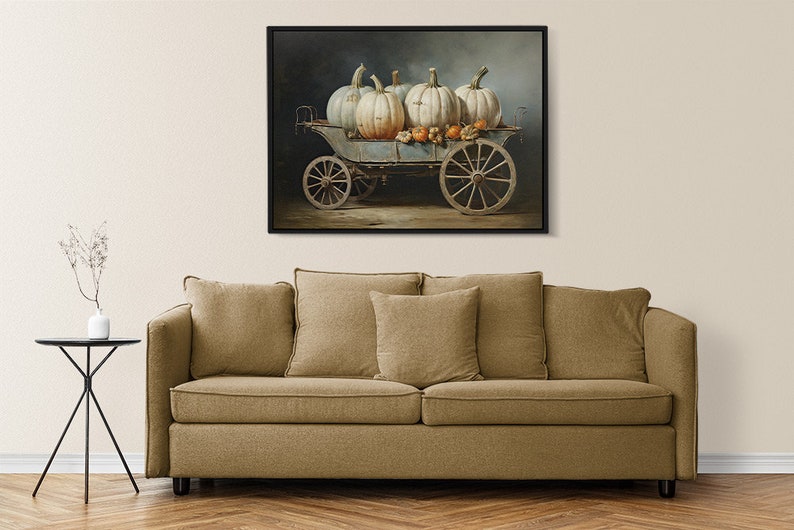 May include: A vintage wooden wagon filled with white pumpkins and small orange gourds. The wagon has black wheels and is set against a dark blue background.