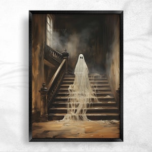 Halloween Ghost Print, Spooky Ghost Wall Art, Printable Halloween Art, Farmhouse Decor, Vintage Ghost Painting, Ghost in Cottage Art Print image 7