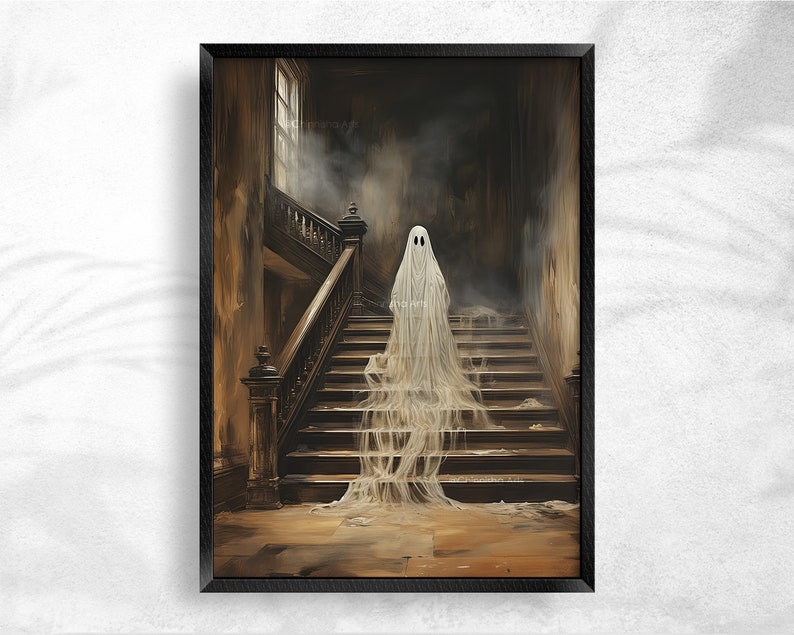 Halloween Ghost Print, Spooky Ghost Wall Art, Printable Halloween Art, Farmhouse Decor, Vintage Ghost Painting, Ghost in Cottage Art Print image 7