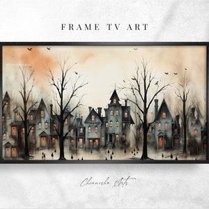 May include: A watercolour painting depicting a small town with houses and trees. The houses are all lit up with warm yellow lights, and the trees are bare and silhouetted against a pale orange sky. The painting has a spooky and atmospheric feel, with a few birds flying overhead.