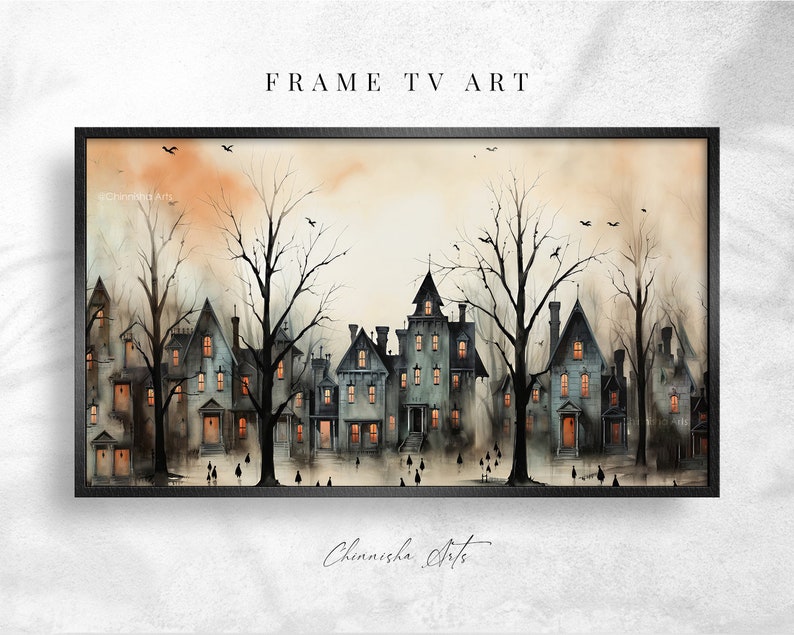 May include: A watercolour painting depicting a small town with houses and trees. The houses are all lit up with warm yellow lights, and the trees are bare and silhouetted against a pale orange sky. The painting has a spooky and atmospheric feel, with a few birds flying overhead.