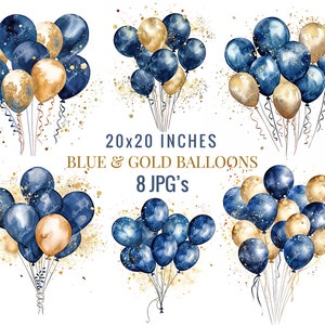 Aquarell Luftballons Clipart, 8 JPGs, kommerzielle Nutzung, Dunkelblau und Gold Luftballons, Party Clipart, Scrapbooking, Geburtstagseinladungen