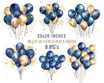 Watercolor Balloons Clipart, 8 JPGs, Commercial Use, Dark Blue and Gold Balloons, Party Clipart, Scrapbooking, Birthday Invitations