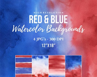 Red & Blue Watercolor Digital Papers, Free Commercial Use, Red and Blue Ombre Paper, Hand Painted Watercolour Backgrounds