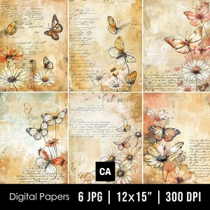 Vintage Daisy Flowers & Butterfly Junk Journal Pages, Rustic Digital Paper, Scrapbook Paper, Printable Daisies Backgrounds, Journal Ephemera