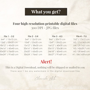 Puede incluir: Cuatro archivos digitales imprimibles de alta resoluci&oacute;n en formato JPG, disponibles en cuatro relaciones de aspecto diferentes: 3:2, 5:4, 4:3 y 7:5. La imagen muestra las dimensiones en pulgadas y cent&iacute;metros para cada relaci&oacute;n de aspecto. El texto "&iexcl;Alerta! Esta es una descarga digital, no se enviar&aacute; ni se enviar&aacute; por correo. Los archivos de descarga digital no tendr&aacute;n ninguna marca de agua." tambi&eacute;n est&aacute; incluido.