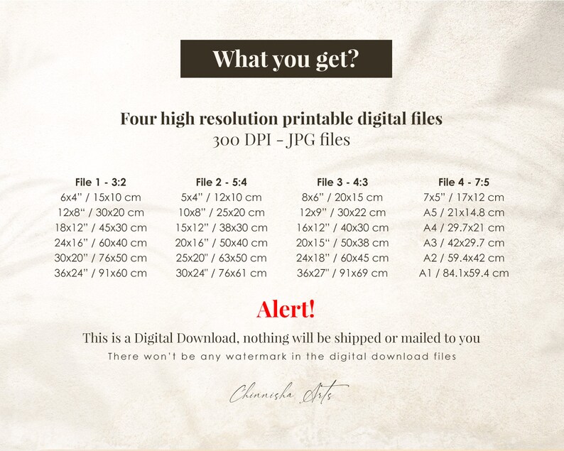 Puede incluir: Cuatro archivos digitales imprimibles de alta resoluci&oacute;n en formato JPG, disponibles en cuatro relaciones de aspecto diferentes: 3:2, 5:4, 4:3 y 7:5. La imagen muestra las dimensiones en pulgadas y cent&iacute;metros para cada relaci&oacute;n de aspecto. El texto "&iexcl;Alerta! Esta es una descarga digital, no se enviar&aacute; ni se enviar&aacute; por correo. Los archivos de descarga digital no tendr&aacute;n ninguna marca de agua." tambi&eacute;n est&aacute; incluido.