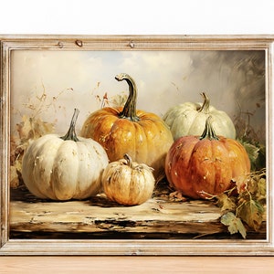 Printable Wall Art Pumpkins, Digital Print, Rustic Autumn Painting, Vintage Pumpkin Still Life Painting, Country Farmhouse Decor Print