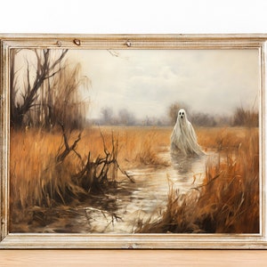 Stampa artistica da parete con fantasmi, dipinto vintage di fantasmi, fantasma in un campo di campagna, arte da parete in stile rustico, stampa di fantasmi per Halloween, stampa artistica spettrale con fantasmi
