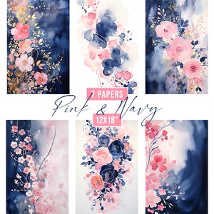 Aquarell Blush & Navy Floral Digital Papier, Rosa und Blau Hochzeit Hintergrund, Abstrakt Scrapbooking Papier, Digitale Florale Hintergründe