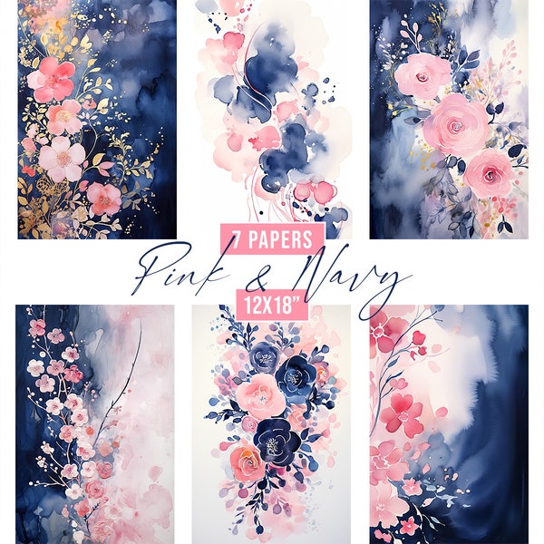 Watercolor Blush & Navy Floral Digital Paper, Pink and Blue Wedding Background, Abstract Scrapbooking Paper, Digital Floral Backgrounds