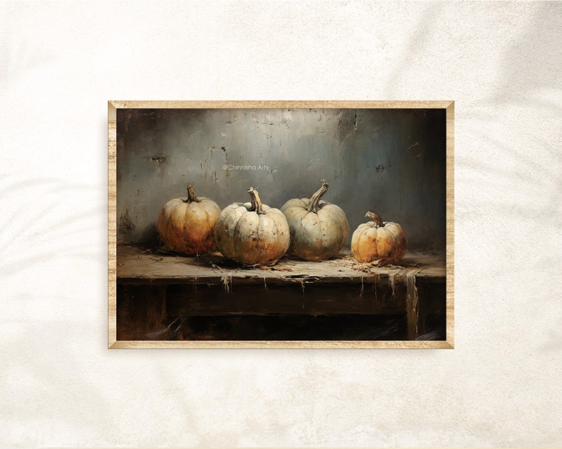 May include: A still life painting of four pumpkins on a wooden table. The pumpkins are various shades of white and orange. The background is a textured, gray wall.