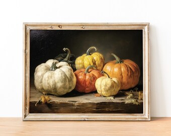 May include: A still life painting of five pumpkins in various shades of orange, yellow, and white. The pumpkins are arranged on a wooden table with some fallen leaves.