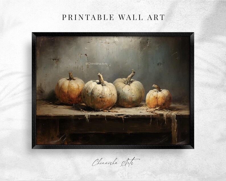 May include: A painting of four pumpkins on a wooden table with a textured gray background. The pumpkins are various shades of orange and green. The painting is framed in black.