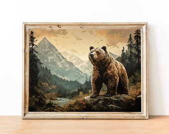 Brown Bear Print, Printable Wall Art Bear, Vintage Bear Art Print, Printable Brown Bear in Forest, Brown Bear Painting, Woodland Print