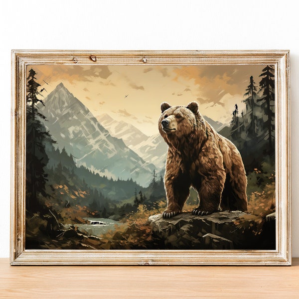 Impression d’ours brun, ours d’art mural imprimable, impression d’art d’ours vintage, ours brun imprimable en forêt, peinture d’ours brun, impression de forêt