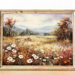 Printable Wildflower Field Landscape Oil Painting, Farmhouse Decor, Vintage Landscape Art Print, Country Field Wall Art, Wildflower Wall Art