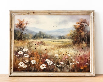 May include: A framed oil painting depicting a landscape scene with a field of white wildflowers in the foreground, a forest in the middle ground, and a mountain range in the background. The sky is cloudy and the colors are muted.
