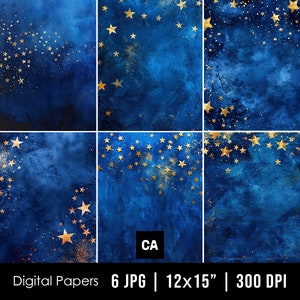 Abstrakte blaue & goldene Sterne, Digitale Papiere, abstrakte dunkelblaue Hintergründe, bedruckbares Papier, goldene Sterne Aquarell Hintergrund, Stern Hintergrund