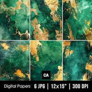 Carta digitale acquerello verde smeraldo, sfondi oro verde, carta scrapbook stampabile, texture acquerello verde, fondali verde oro