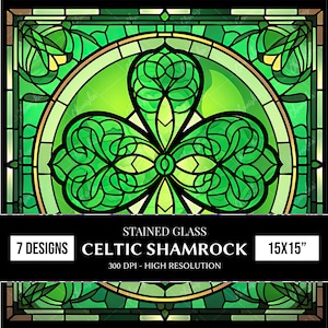 Stained Glass Celtic Shamrock Digital Papers, Stained Glass Tumbler Wrap Designs, Stained Glass Sublimation Designs Celtic Shamrock Wall Art
