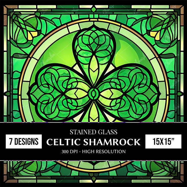 Papiers numériques Shamrock celtique en vitrail, conceptions d'enveloppe de gobelet en verre teinté, conceptions de sublimation de vitrail Art mural celtique Shamrock