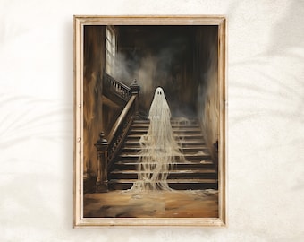 Halloween Ghost Print, Spooky Ghost Wall Art, Printable Halloween Art, Farmhouse Decor, Vintage Ghost Painting, Ghost in Cottage Art Print