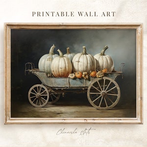 May include: A vintage-style wagon filled with white pumpkins and small gourds. The wagon is painted a light blue with dark brown wheels and is set against a dark blue background. The image is titled "Chinnishka Arts".