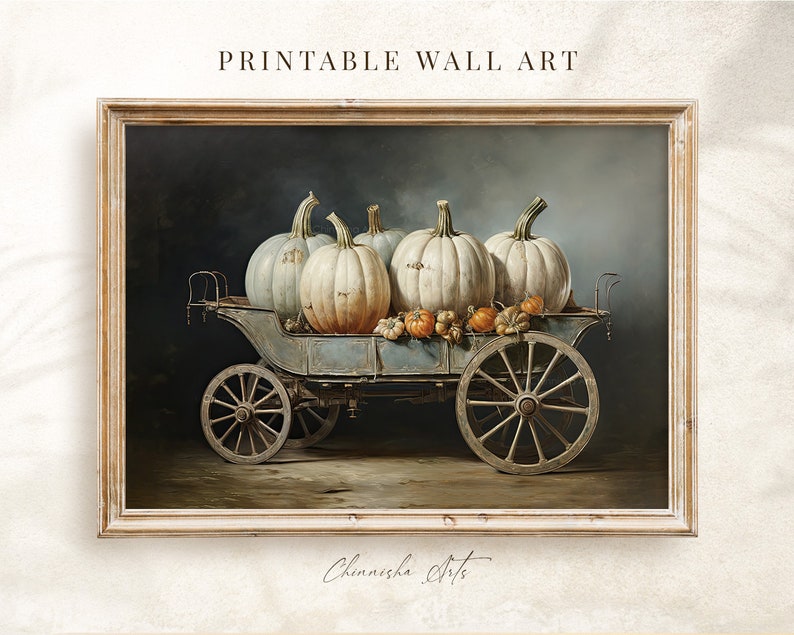 May include: A vintage-style wagon filled with white pumpkins and small gourds. The wagon is painted a light blue with dark brown wheels and is set against a dark blue background. The image is titled "Chinnishka Arts".