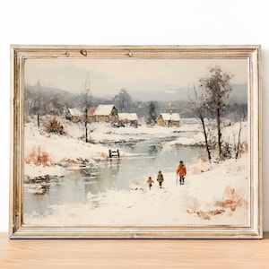 Vintage Winter Landscape Print, Winter Scenes, Printable Winter Landscape, Winter Village Print, Country Winter Print, Winter Wall Art Print