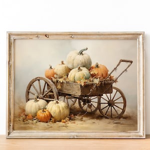 Vintage Pumpkin Cart Print, Autumn Wall Art Pumpkin Cart Painting, Country Wall Art Fall, Farmhouse Decor, Printable Autumn Painting