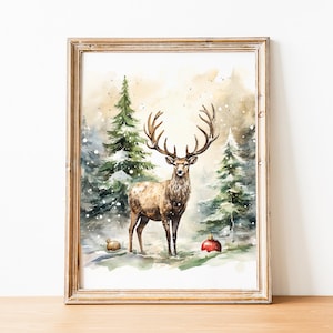 Winter Reindeer Print, Holiday Wall Art, Printable Winter Forest Print, Holiday Decor, Watercolor Christmas Wall Art, Christmas Deer Art