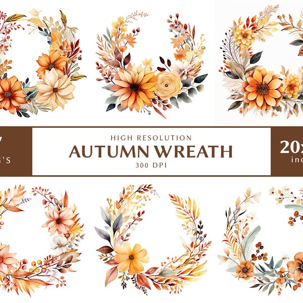 Watercolor Wreath Clipart, 7 JPGs, Commercial Use, Autumn Wreaths Clipart, Fall Flower Wreath, Autumn Floral Wreath, Fall Wreath Watercolour