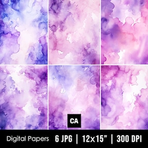 Papéis digitais em aquarela roxa, fundos roxos rosa, papel de álbum de recortes para impressão, textura de aquarela roxa, cenários abstratos de lavanda