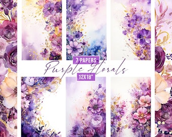 Watercolor Purple Floral Digital Paper, Abstract Purple Flower Watercolour Wedding Invitation Background, Purple Floral Scrapbook Background