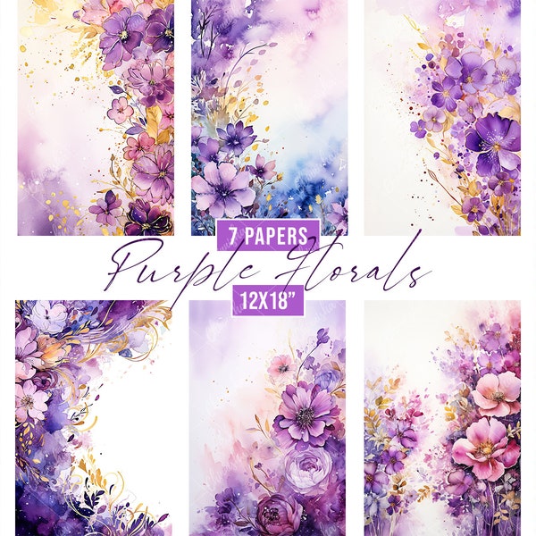 Watercolor Purple Floral Digital Paper, Abstract Purple Flower Watercolour Wedding Invitation Background, Purple Floral Scrapbook Background