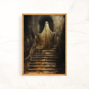 Peut inclure: Un fant&ocirc;me blanc se tient sur un escalier en bois sombre dans une pi&egrave;ce faiblement &eacute;clair&eacute;e. Le fant&ocirc;me est translucide et semble laisser tomber un liquide dor&eacute; sur les marches.