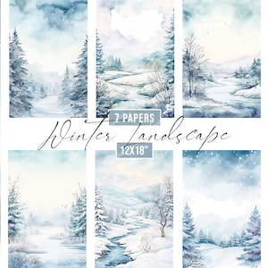 Papiers numériques aquarelle paysage d'hiver, fond bleu de scènes d'hiver, papiers paysage de neige, papiers imprimables paysage forêt d'hiver