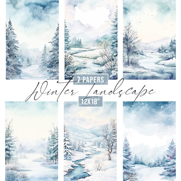 Watercolor Winter Landscape Digital Papers, Blue Winter Scenes Background, Snowy Landscape Papers, Printable Winter Forest Landscape Papers