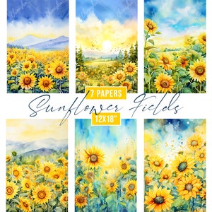 Watercolor Sunflower Digital Paper, Sunflower Field Landscape, Sunflower Background, Printable Scrapbook Paper, Yellow and Blue Florals
