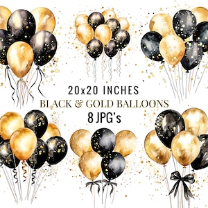 Aquarell Schwarz Gold Ballons Clipart, 8 JPGs, kommerzielle Nutzung, Party einladen, Scrapbooking, Geburtstagseinladung, Journaling, Kartenherstellung