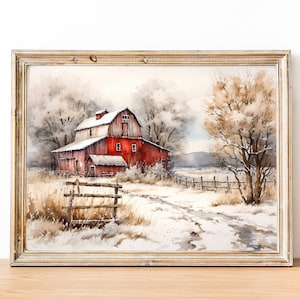 impression de grange rouge vintage, peinture de ferme d&#39;hiver, art mural de grange de neige d&#39;hiver, paysage de campagne d&#39;hiver, art mural de grange de Noël imprimable