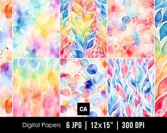 Abstract Rainbow Watercolor Digital Papers, Pastel Rainbow Backgrounds, Printable Scrapbook Paper, Vibrant Watercolor Texture Backdrops