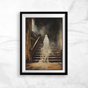 Halloween Ghost Print, Spooky Ghost Wall Art, Printable Halloween Art, Farmhouse Decor, Vintage Ghost Painting, Ghost in Cottage Art Print image 3