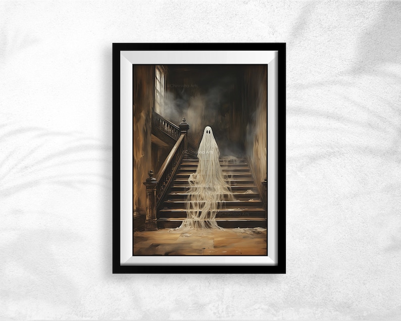 Halloween Ghost Print, Spooky Ghost Wall Art, Printable Halloween Art, Farmhouse Decor, Vintage Ghost Painting, Ghost in Cottage Art Print image 3
