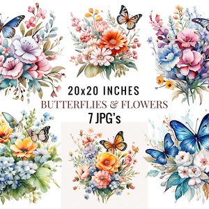 Watercolor Flowers and Butterfly Clipart, 7 JPGs, Commercial Use, Butterflies and Flowers, Butterfly Digital Paper Craft, Scrapbooking