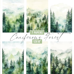 Papier numérique aquarelle forêt, forêt brumeuse, paysage de forêt de conifères, papier numérique forêt verte, fond de faire-part de mariage