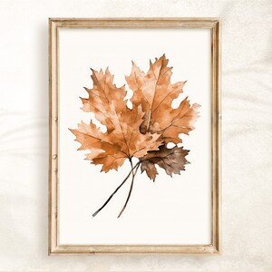 May include: A framed watercolour painting of three brown and orange maple leaves on a white background.