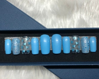 Blue butterfly nails, blue press on nails, press on butterfly nails, blue nails.